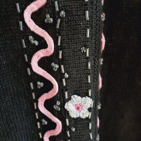 Storybook Knits LRG Long Black Cardigan Sweater Embellished Pink, Silver, Black - Picture 9 of 16